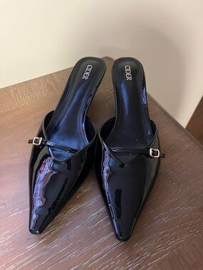 Cider Black Patent Pointed Mules with Slim Buckle Detail